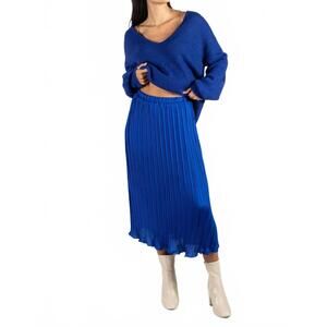 NEW BEFORE YOU cobalt pleated satin midi skirt in royal blue